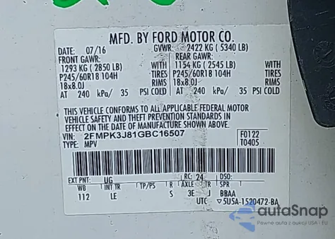 2016 Ford Edge Sel из США, поврежденный, VIN 2FMPK3J81GBC16507